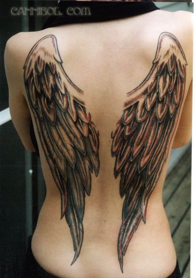 angel wings full back tattoo design for females