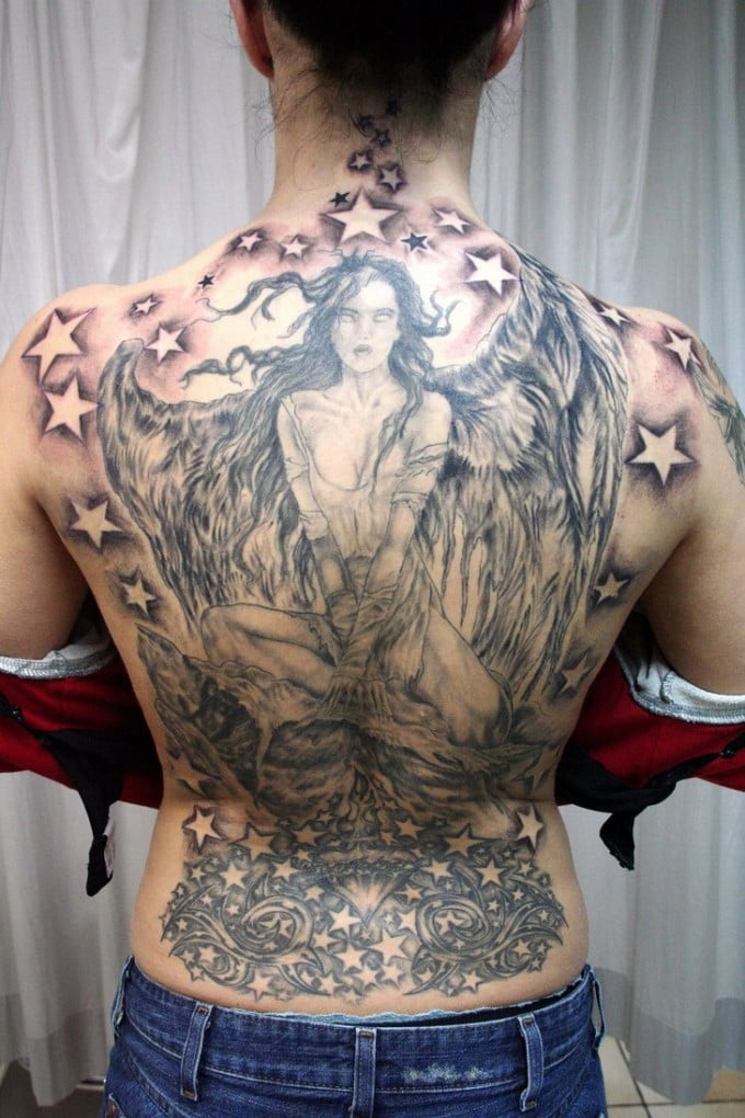 angel tattoo design on full back for women