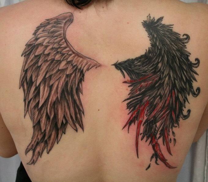 angel and bleeding devil wing tattoo design on back