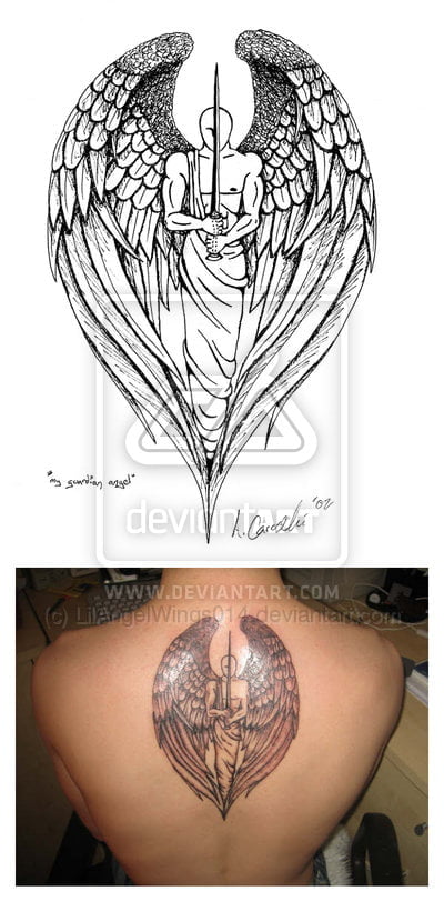 male guardian angel tattoo design on back