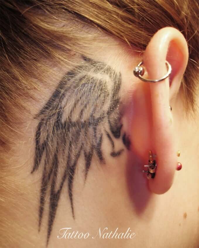angel wing back ear tattoo design for females