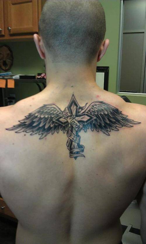 Mark 9:23 banner cross with wings tattoo design on back for men