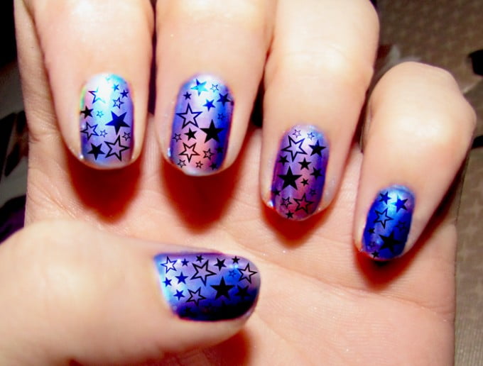 purple hologram with star stickers nail art for happy halloween