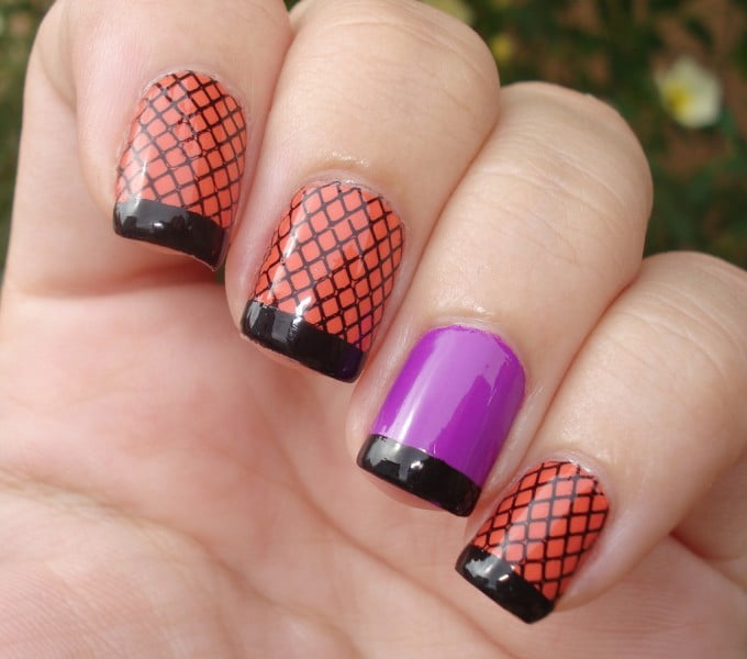 purple and orange with net nail art designs idea for happy halloween