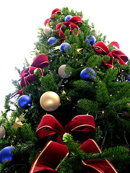 Red Bead Christmas Tree with Silver & Blue Ornaments