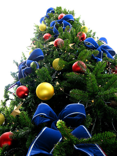 Blue Bead Christmas Tree with Red & Yellow Ornaments