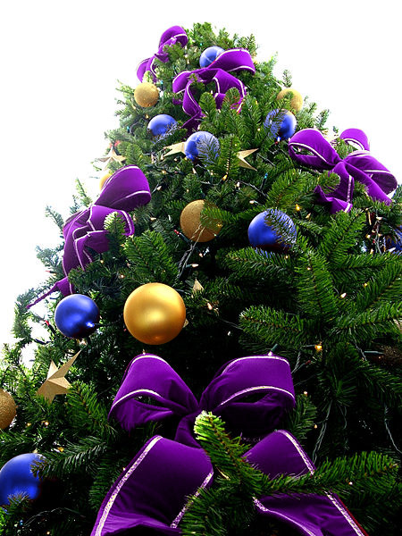 Violet Bead Christmas Tree with Blue & Gold Ornaments