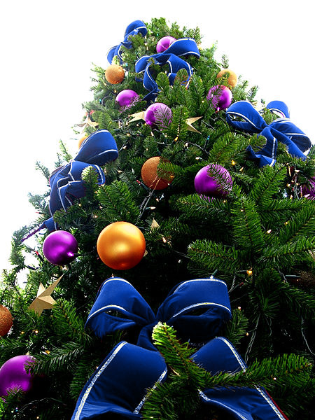 Blue Bead Christmas Tree with Purple & Orange Ornaments