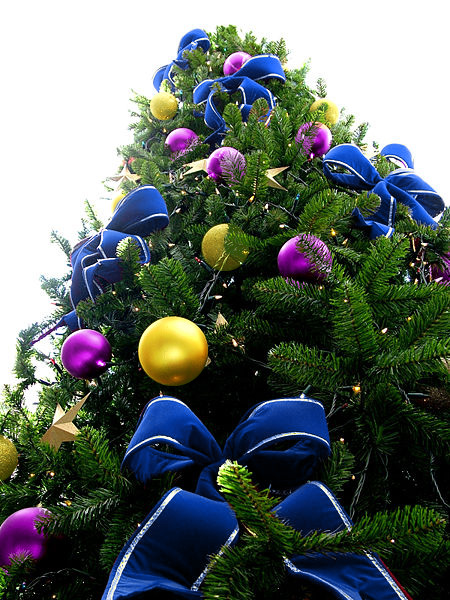 Blue Bead Christmas Tree with Purple & Yellow Ornaments