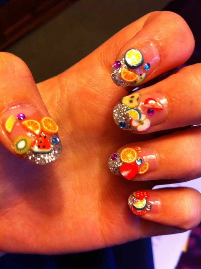 nude with silver glitter and sliced fruity nail designs
