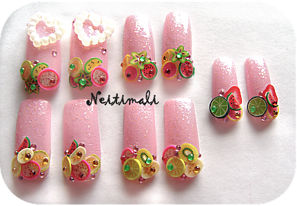 fruity designs on pink nails set