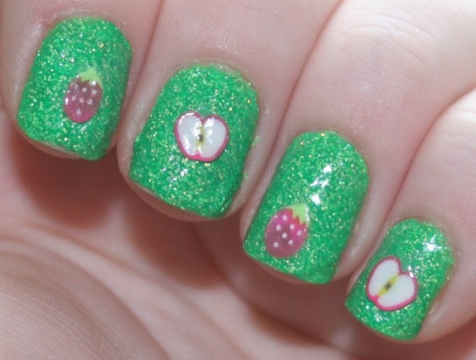 glitter green strawberry and apple fruity nail designs