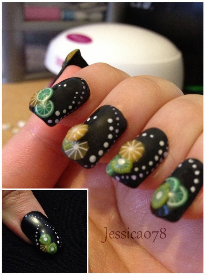 black with lime fruity nail art designs