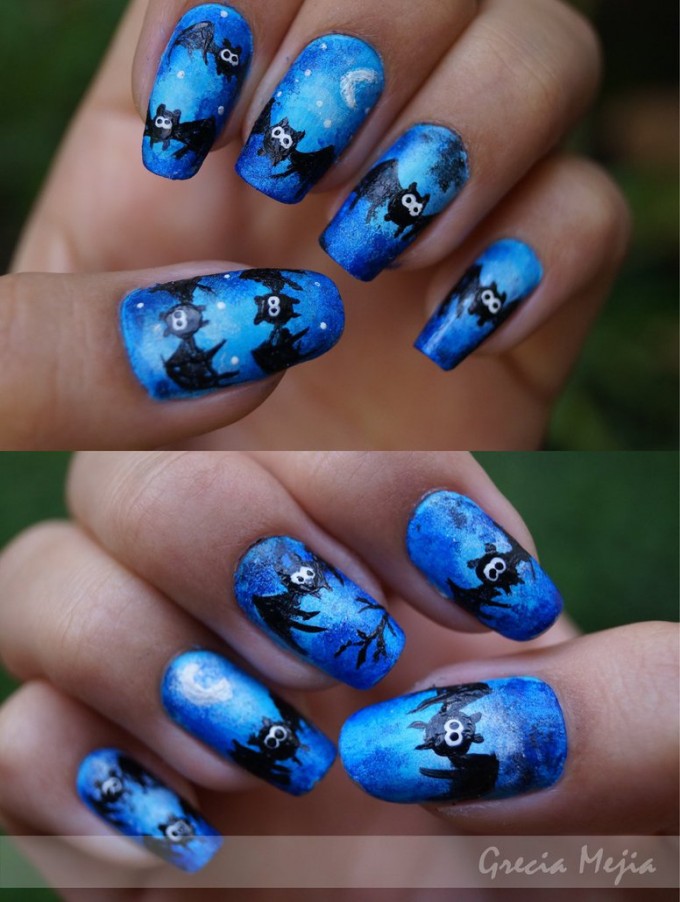 scary night bats spooky nail art designs idea for halloween