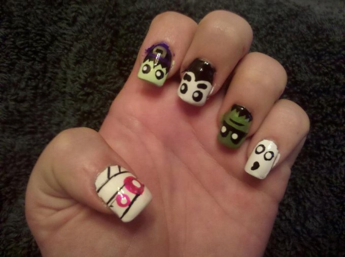 monsters inspired spooky nail art design idea for halloween