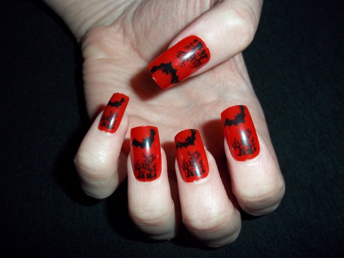 bat and tree stickers with red spooky nail art design idea