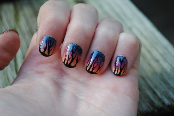 trees with sunset spooky nail art design idea for halloween