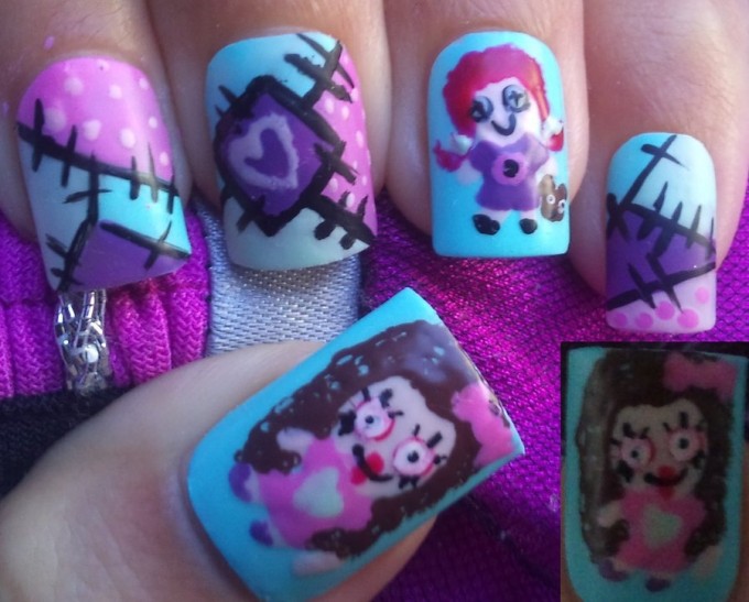 voodoo dolls with patch spooky nail art design idea for halloween