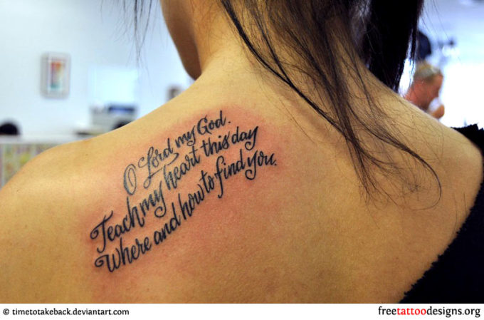 Bible phrase meaningful back shoulder tattoo