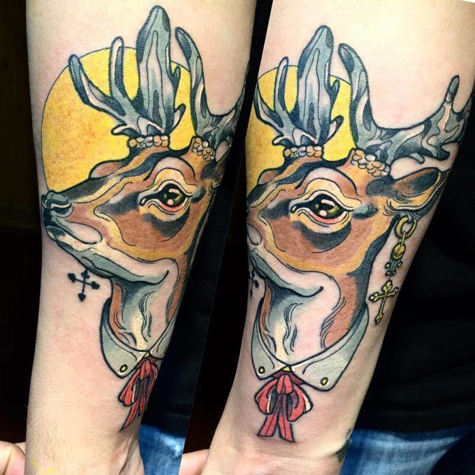 Colorful Neo Traditional Deer Tattoo