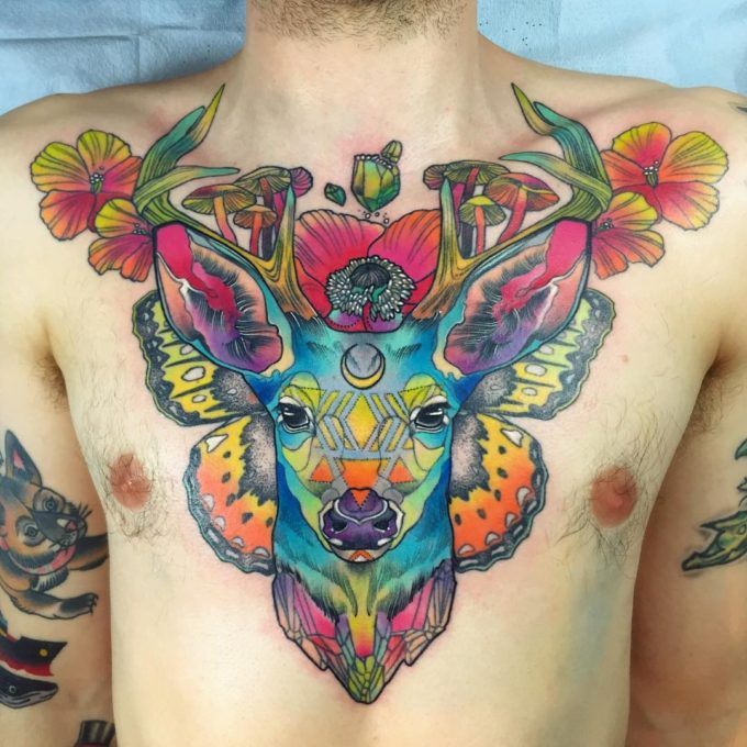 Magical Rainbow Chest Deer Tattoo