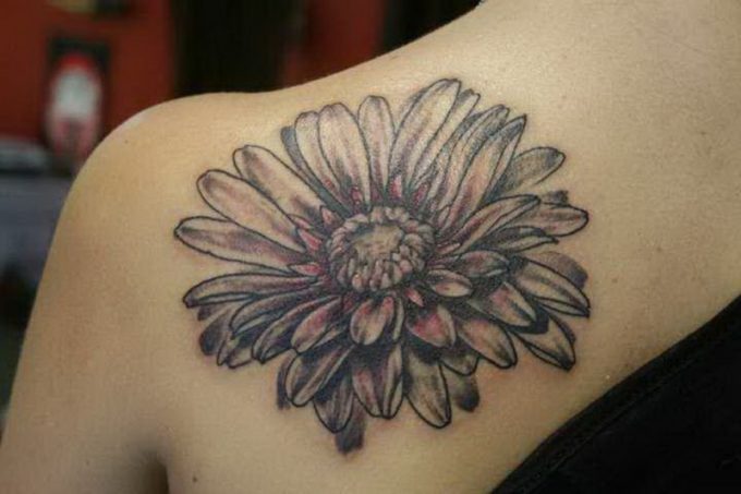 black and white single daisy tattoo on back shoulder blade