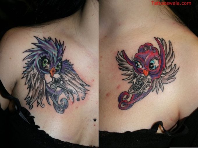 Cute bird and cunning devil bird tattoo