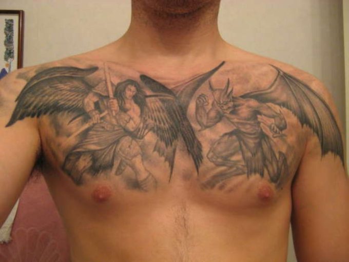 Grey and black shaded demon angel battle