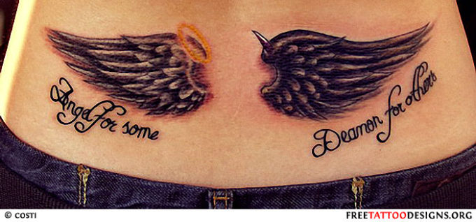 Wings of angel and demon on lower back for women