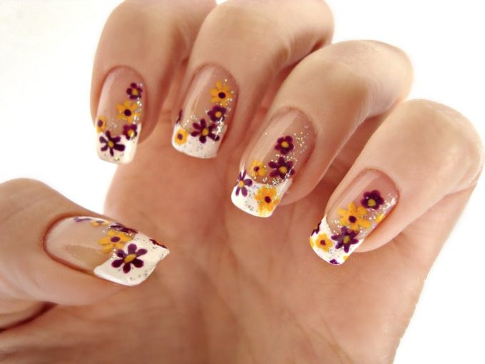 purple yellow spring flower nails