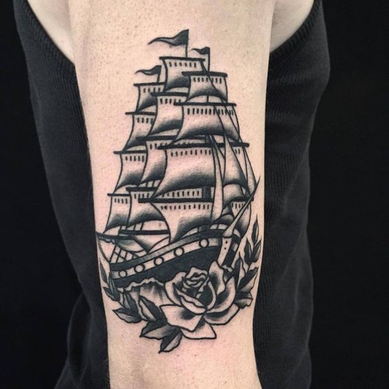 black and grey clipper ship tattoo