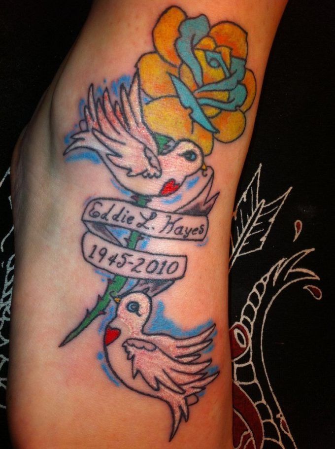 Memorial Dove and Rose Tattoo on foot