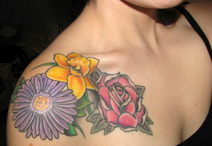 birth flowers, Aster, Rose and daffodil tattoo on shoulder