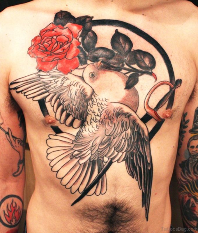 dove with rose and sword tattoo design on chest for men