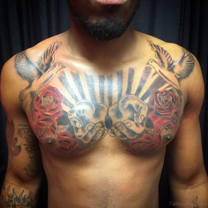 red roses with doves tattoo on chest for men