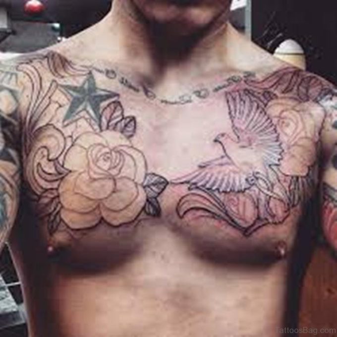 rose and dove outline tattoo on chest for men