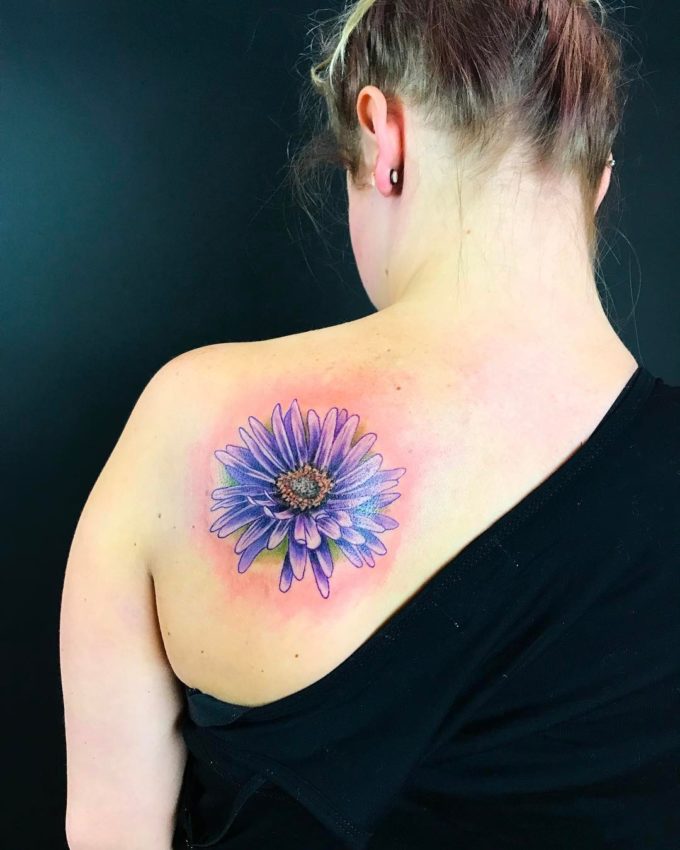 September birth flower aster tattoo on back