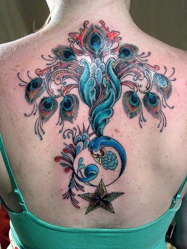 beautiful peacock feathers tattoo on back for girls