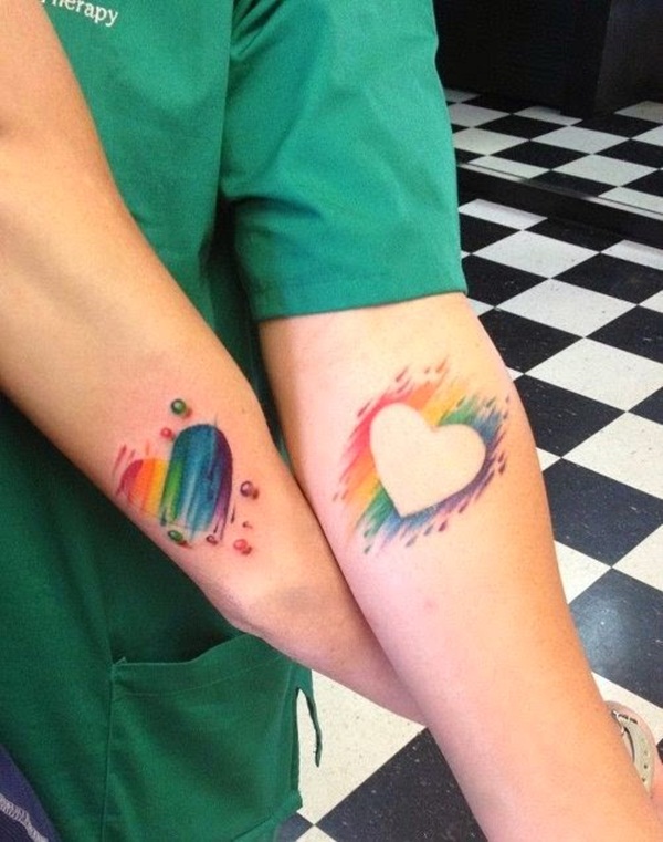 colorful heart tattoos on arm for couples