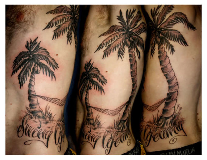 beach palm trees swing tattoo with quote on side for men