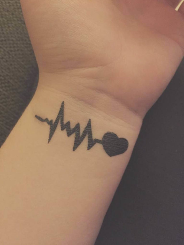 black ink heart beat tattoo with heart on wrist – EntertainmentMesh