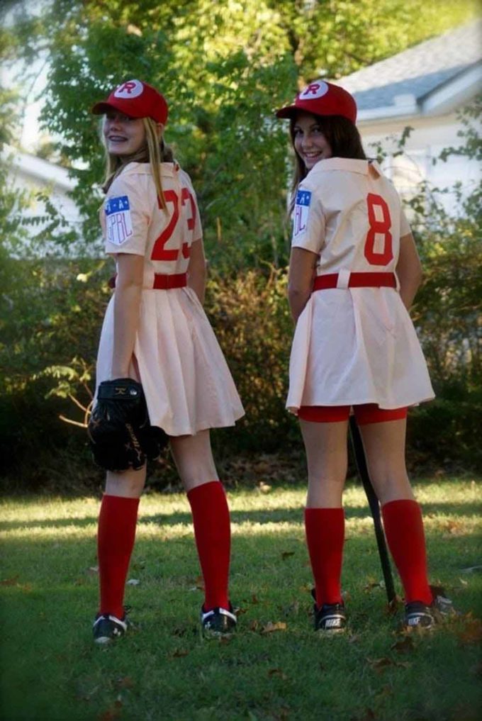 two girls rockford peaches baseball player costume ideas for halloween