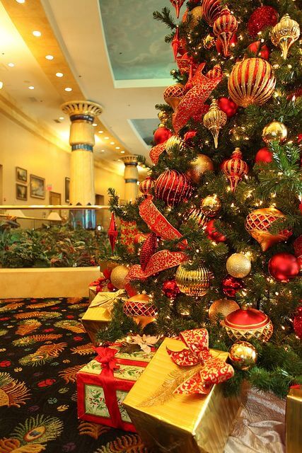 red and gold Christmas tree decors