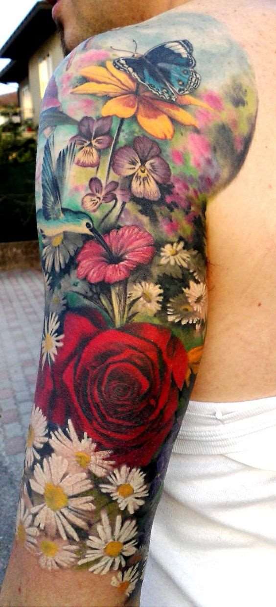 colorful flowers field tattoo on sleeve shoulder men