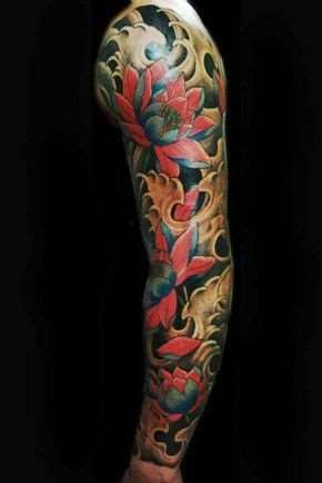 japanese lotus flowers arm tattoo for men