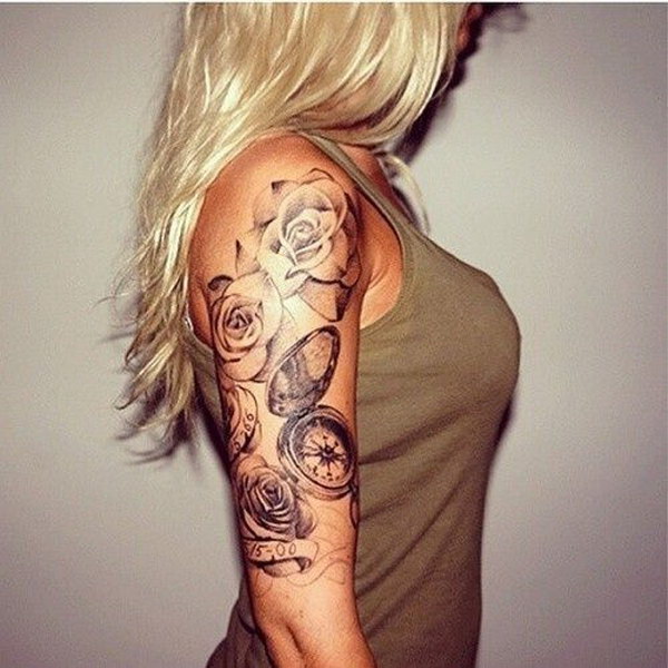 girl half sleeve roses and clock tattoo