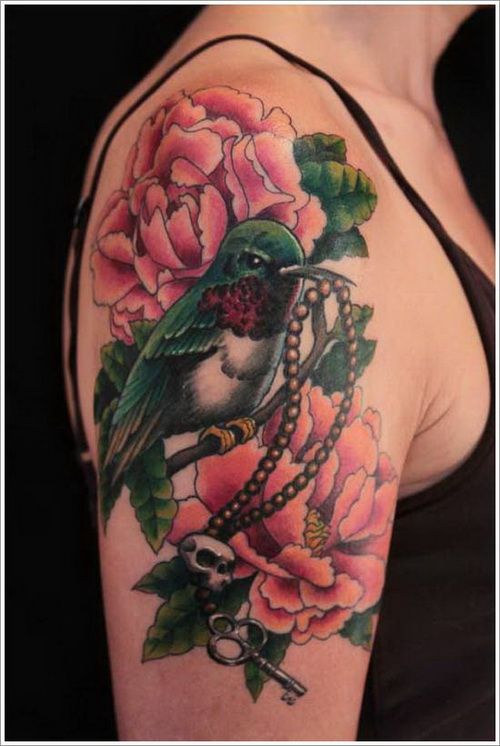 quarter sleeve female flower  and bird tattoo