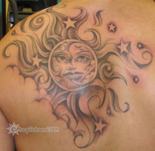 mystical sun and moon tattoo design on back shoulder blade