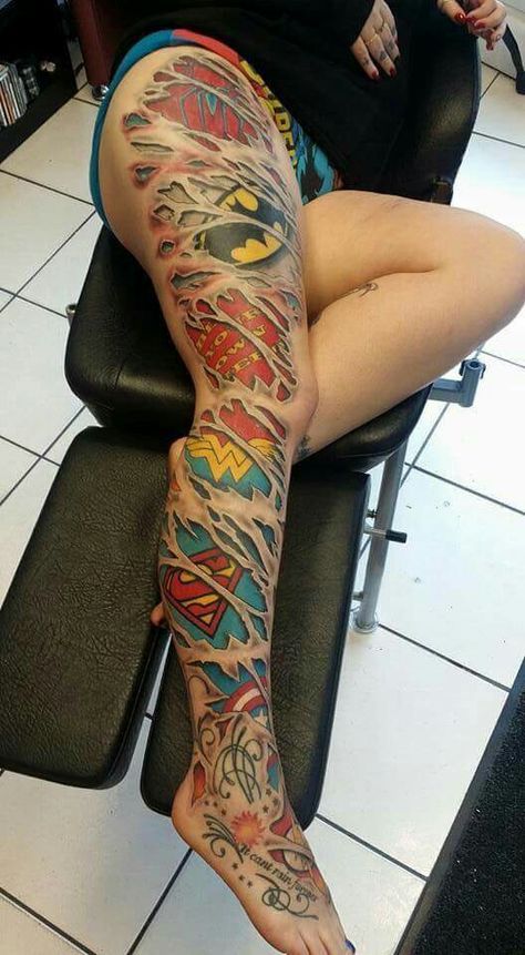 3d comic movie tattoo design for full legs