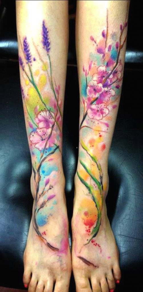 watercolor tattoos on leg